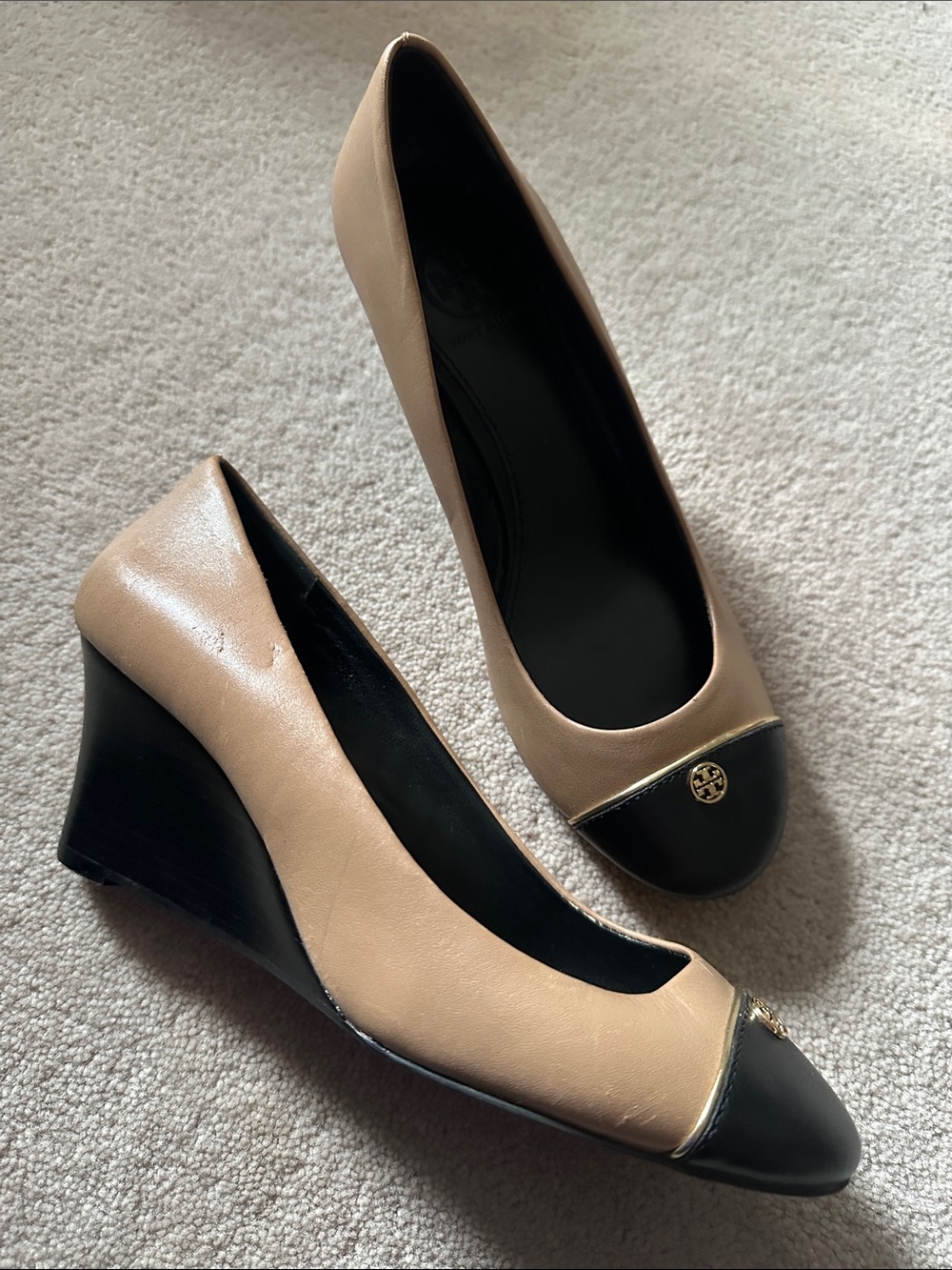 Tory Burch Beige and Black Cap-Toe Wedge Heels!